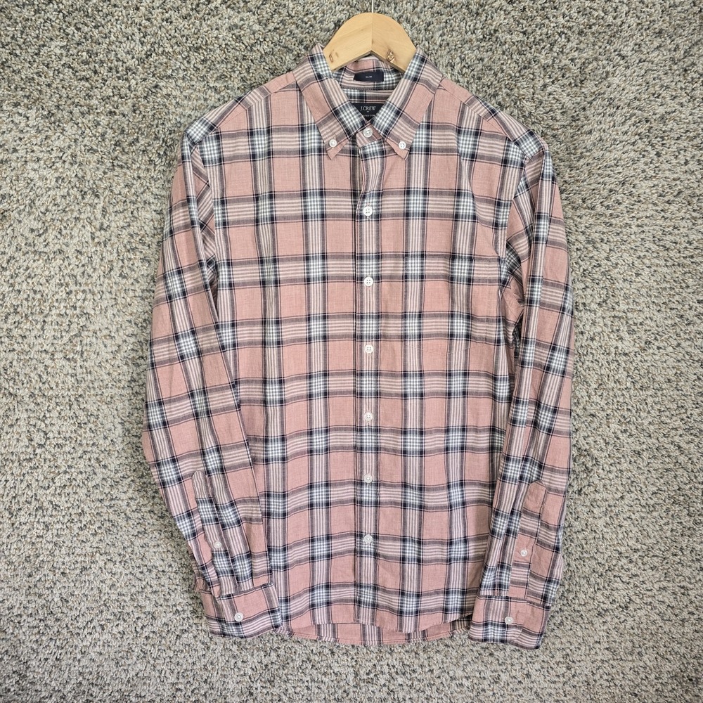 J Crew Shirt Mens Small Pink Plaid Button‎ Down Heathered Cotton Slim Fit Casual